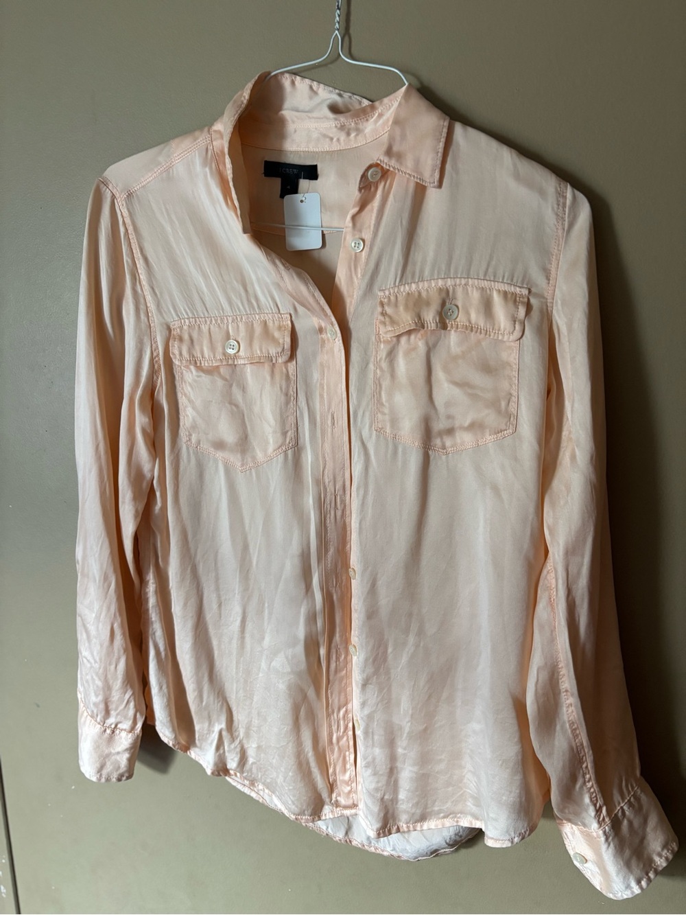 J.Crew 100% Silk Button Up Pocket Shirt Pale Peach Pink Size 4